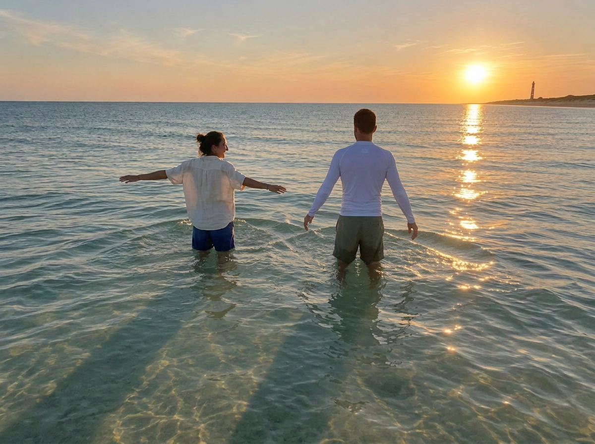 A man and a woman in swim shirts and shorts wading thigh deep in calm ocean water at sunset