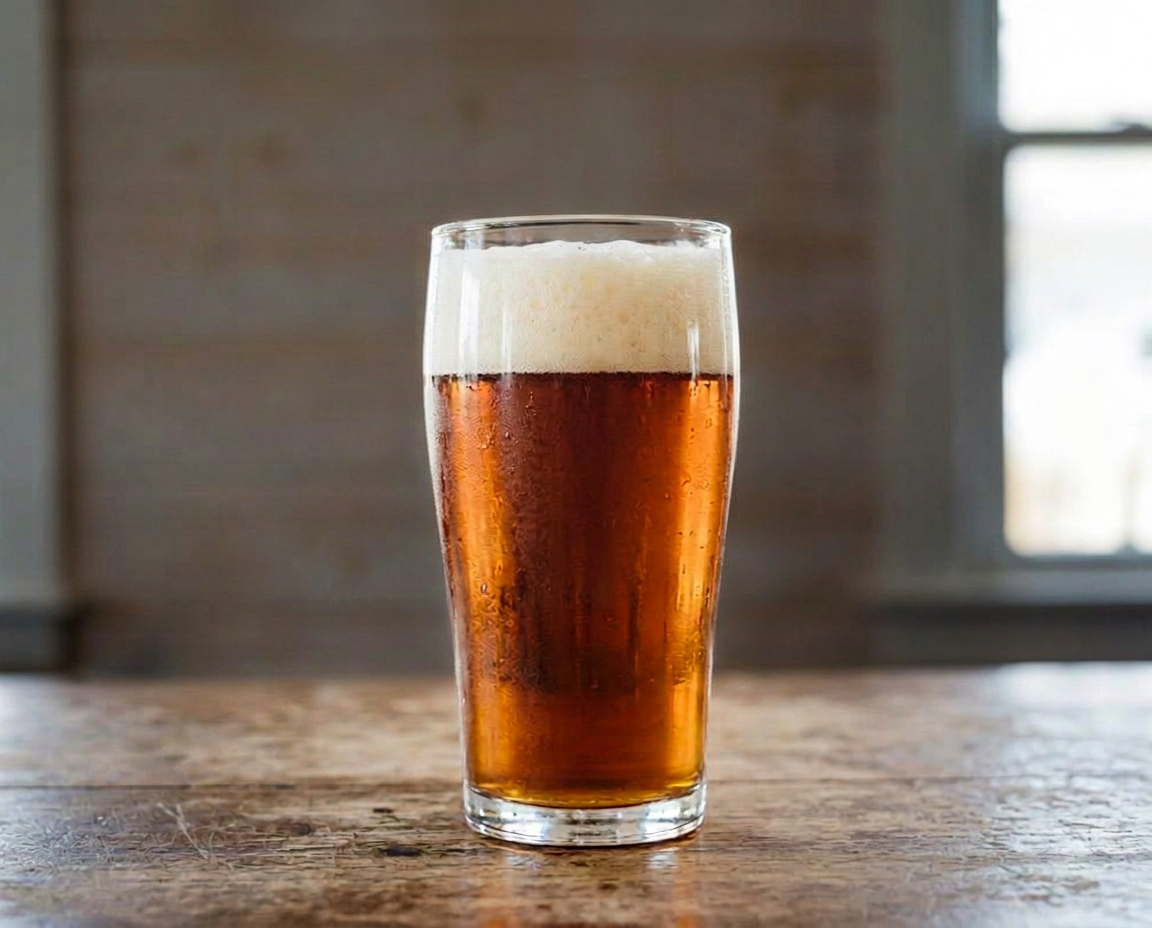 Clear pint glass of amber craft beer on a wooden bar against a darkened, softly blurred background