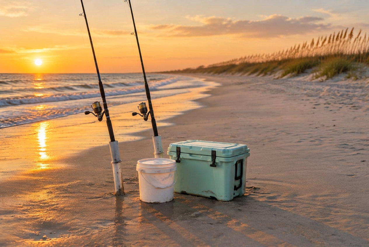 Surf fishing rods in sand spike holders on the beach with a bait bucket and cooler at golden hour