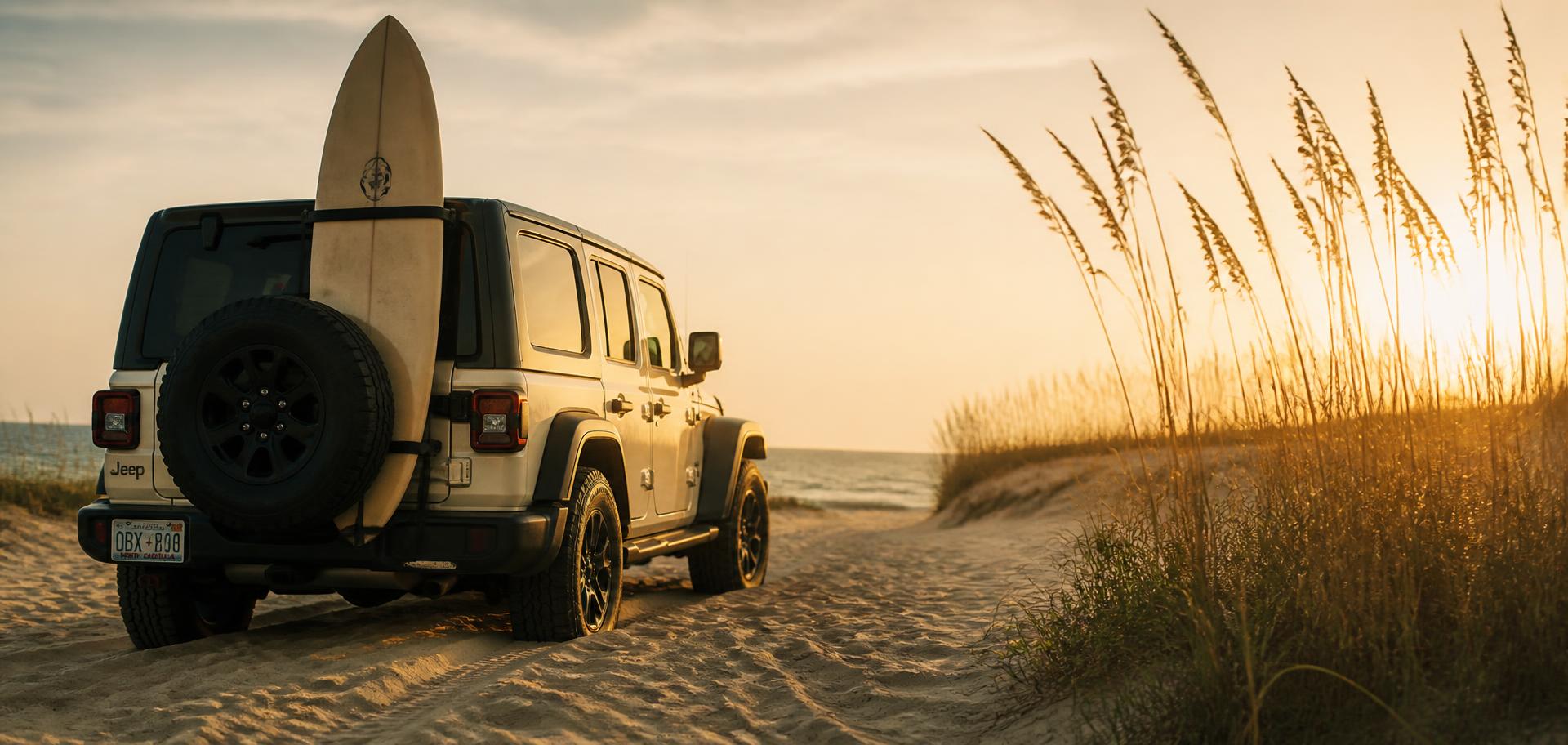 Jeep with a surfboard parked on a sand road through the dunes at sunset
