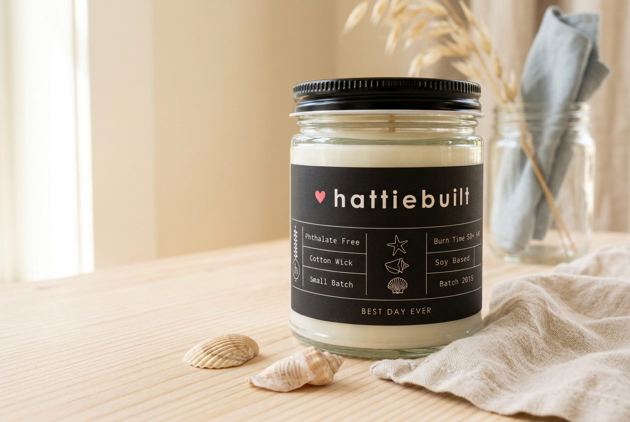 A hattiebuilt candle in a black-lidded glass jar on a pale wood table with two seashells and folded linen, a blurred jar of dried sea oats behind
