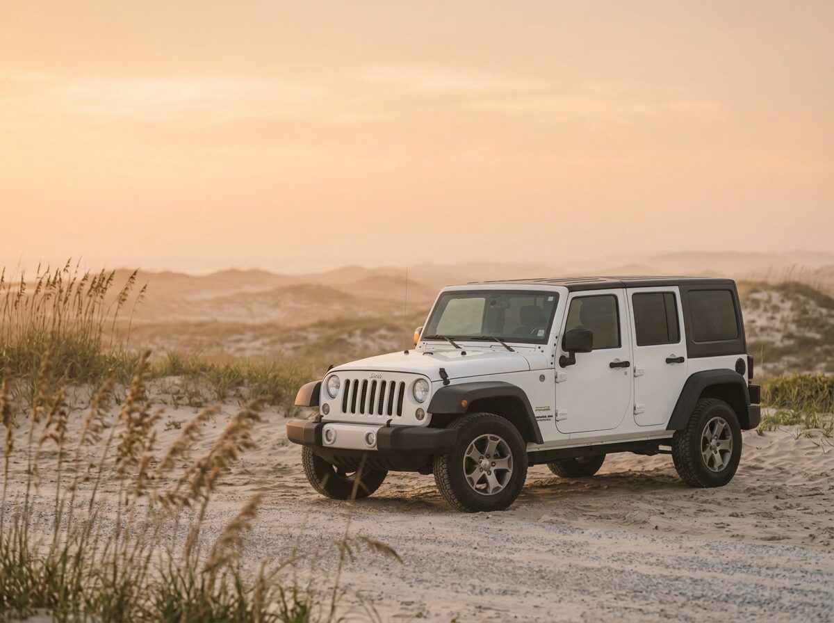 White four-door Jeep parked on a sand track among sea oats in soft evening light
