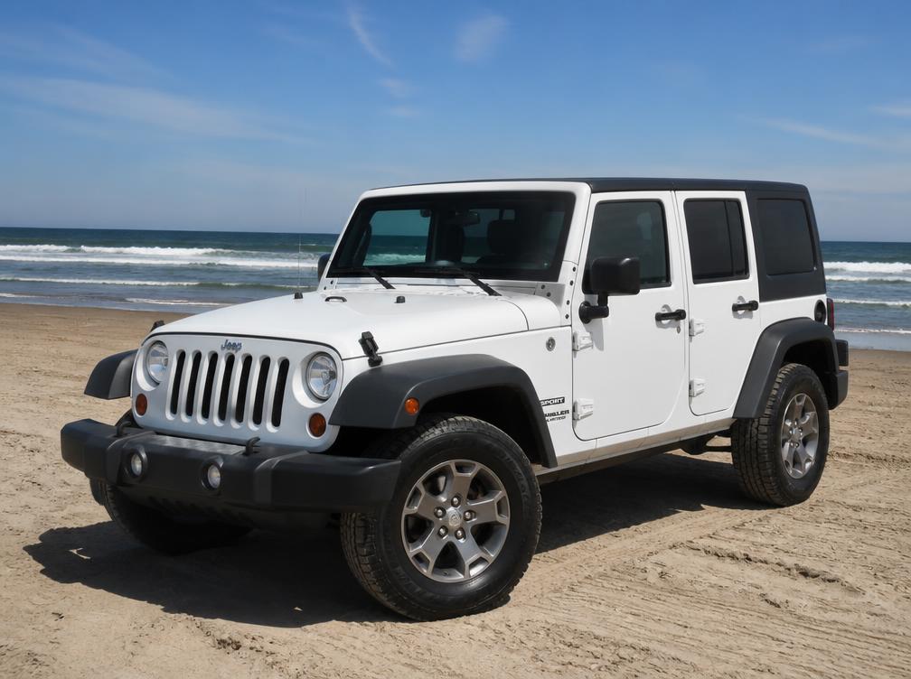 White 4-Door Wrangler on Hatteras Island beach
