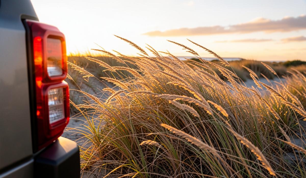 Sea oats blowing beside a Jeep on the dunes at sunset