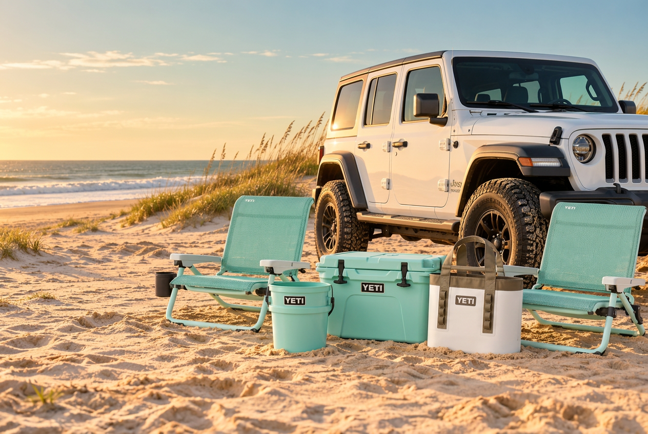 White Jeep parked on the sand with a YETI cooler, bucket, tote and two beach chairs set out in front